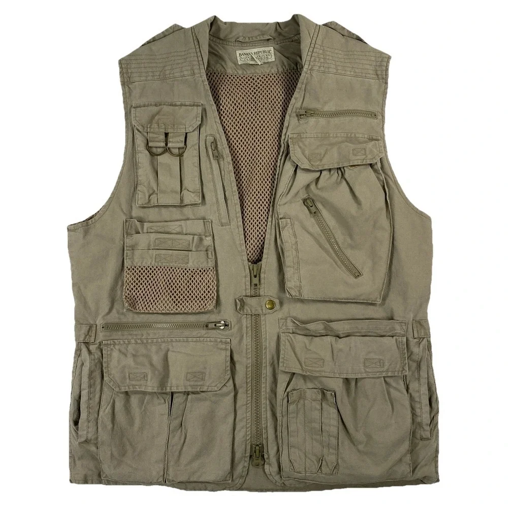 Vintage Banana Republic Safari Travel Vest‎ Multiple Pockets Beige Men's Large